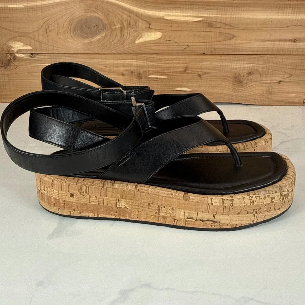 Schutz Tessie Black Leather Cork Platform Thong Sandals Womens 7B Ankle Strap